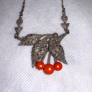 Antique Sterling Silver Coral Cherry Necklace